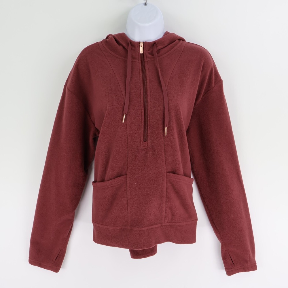All In Motion 1/2 Zip Jacket Pockets Hooded Thumbholes Womens Sz L Maroon Fleece